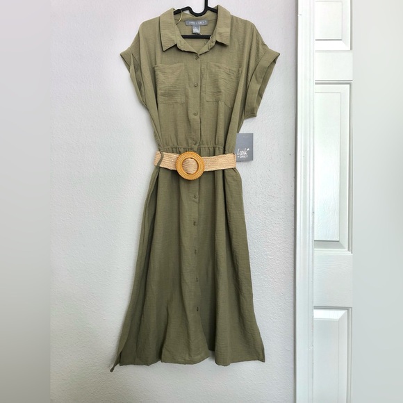 Lark + Grey Dresses & Skirts - Olive Green Midi Dress with Woven Belt